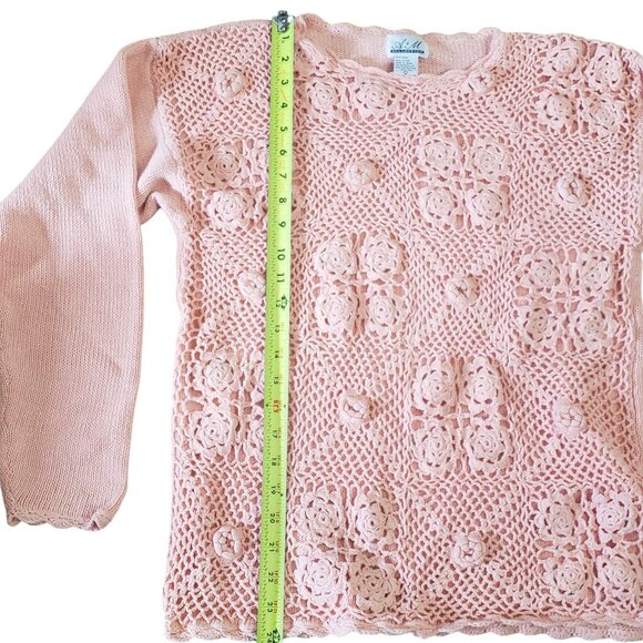 Vintage Pink Knit Crochet Floral‎ Sweater Grannycore Casual Boho Chic Classic - Picture 8 of 9